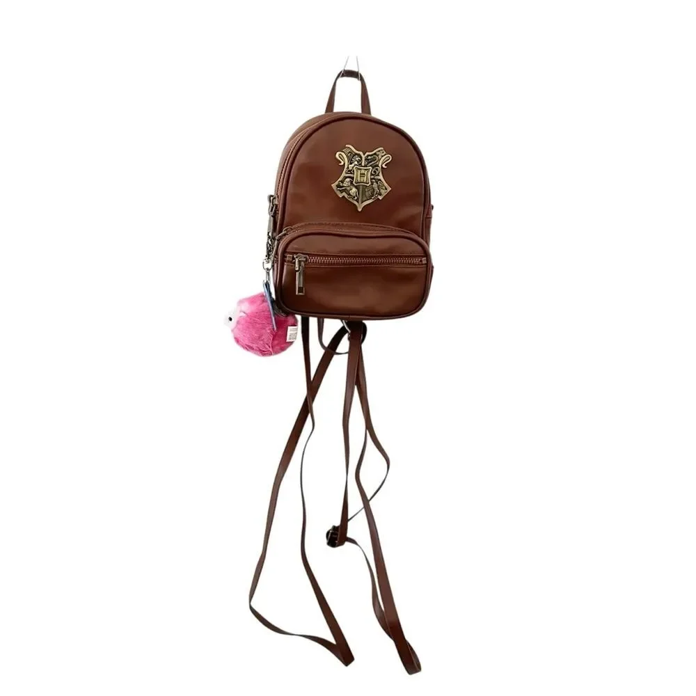 Harry Potter Hogwarts Crest Mini Backpack with Pink Pygmy Puff Keyring Brown